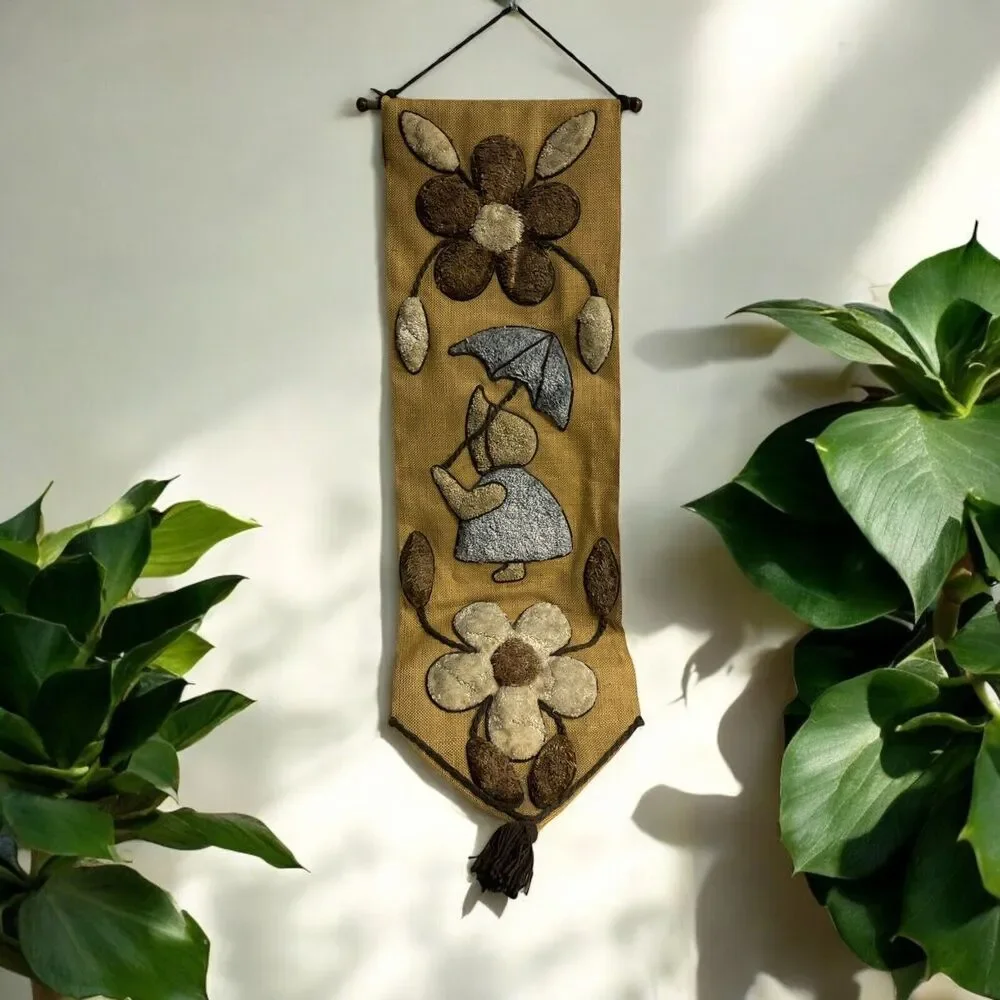 Vtg MCM 60’s 70’s Burlap Carpet Wall Hanging Tapestry‎ Floral Prairie Boho Decor